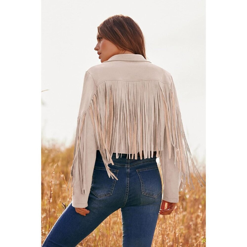 Women's Beige Apricot Fringe Faux Suede Leather Tassel Motorcycle Cropped Jacket - Picture 9 of 9